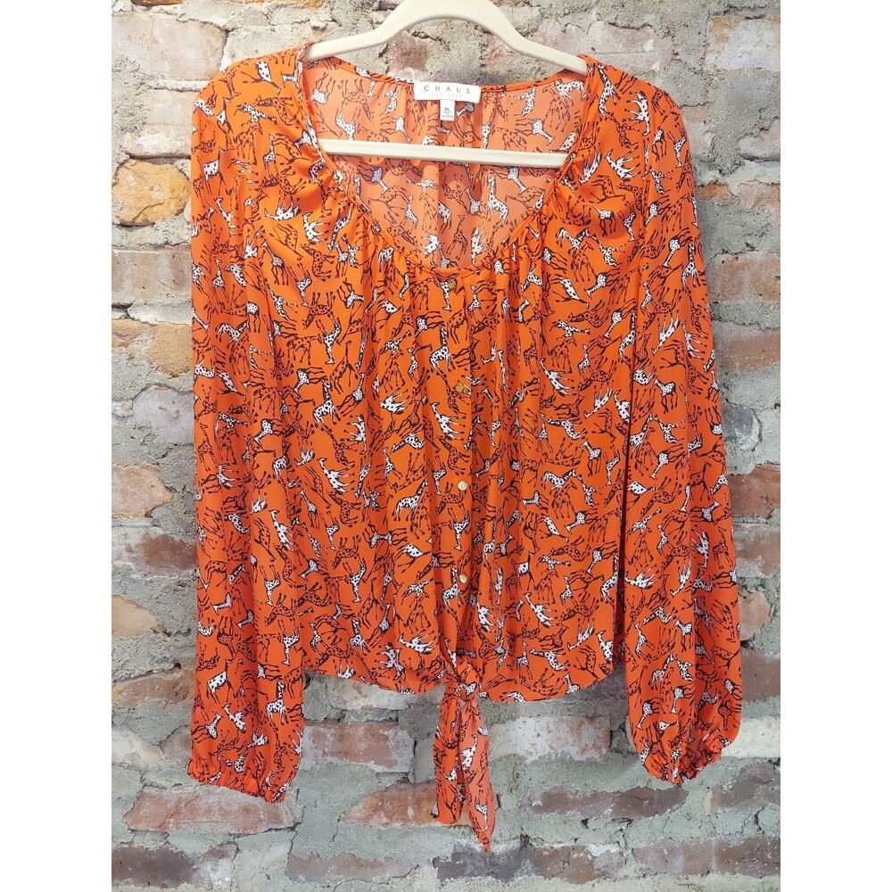 CHAUS Womens Blouse XL Orange Giraffe Print Long Sleeve Tie Front Scoop Neck